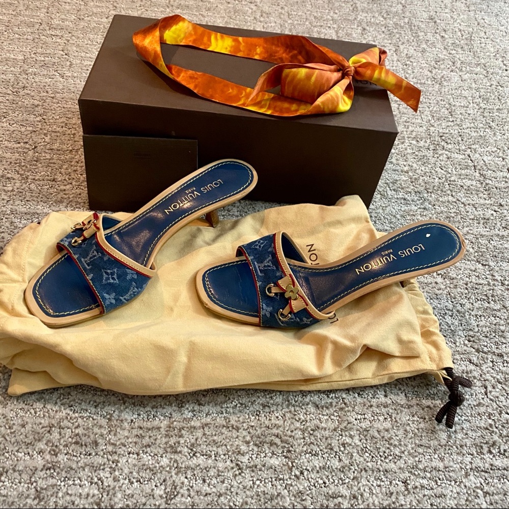 Louis Vuitton Denim Kitten Heel Mule Sandals